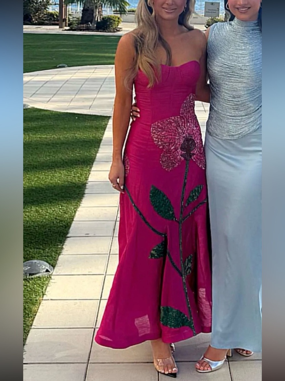 La Fuori Pink Orchid Embellished Beaded Strapless Gown Silk Evening Dress
